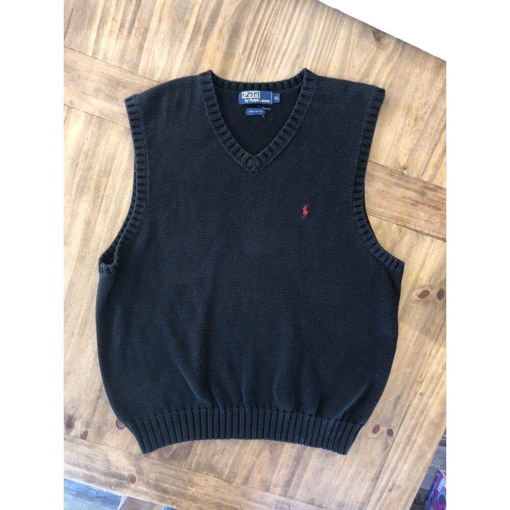 Polo Ralph Lauren Black Cotton Knit Vest V-Neck XL Vintage GUC